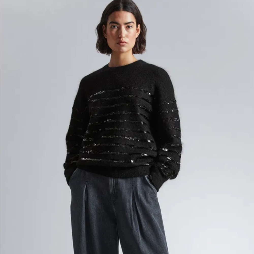 NWOT, & Other Stories Black Sequin Striped Women's Crewneck Sweater Sz L